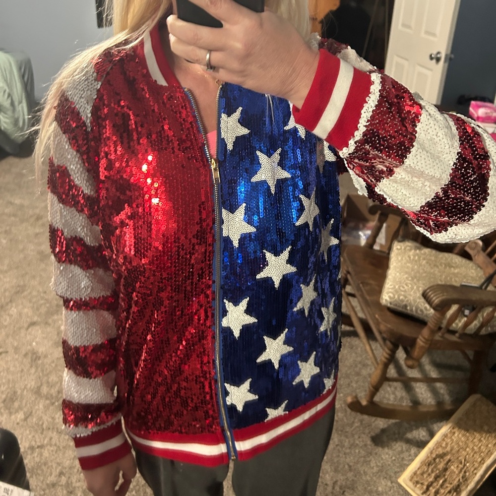 BiBi US Flag Theme Color Block Sequin Bomber Jacket - Picture 13 of 14